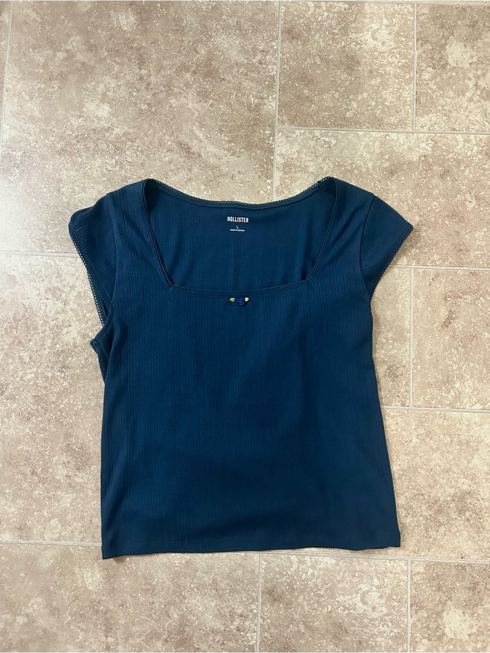 Hollister Navy Ribbed Square-Neck Short Sleeve Top with Front Bow
